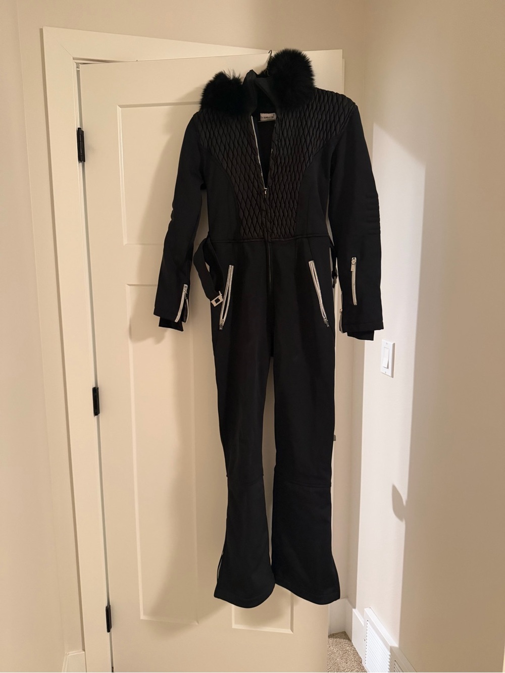 Black Women's Fur-Trimmed Quilted Ski Jumpsuit